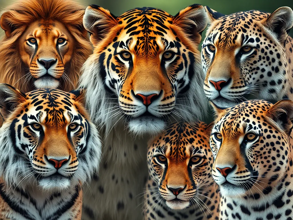 A collage of lion, tiger, leopard, jaguar, and cheetah faces showing physical traits for the Complete Guide to All Big Cats A collage of lion, tiger, leopard, jaguar, and cheetah faces showing physical traits for the Complete Guide to All Big Cats