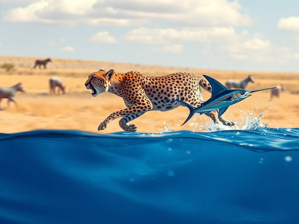 A split-screen comparison of a sprinting cheetah and a swimming sailfish for Fastest Land Animals vs.</p>
<p>Fastest Marine Animals: A Side-by-Side Speed Comparison. A split-screen comparison of a sprinting cheetah and a swimming sailfish for Fastest Land Animals vs. Fastest Marine Animals: A Side-by-Side Speed Comparison.