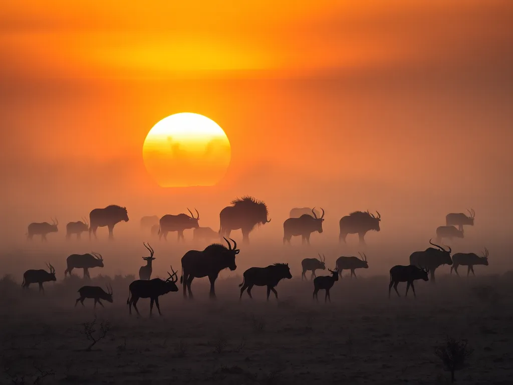 Animal silhouettes fading into mist representing species extinction, dramatic sunset lighting in nature documentary style Animal silhouettes fading into mist representing species extinction, dramatic sunset lighting in nature documentary style