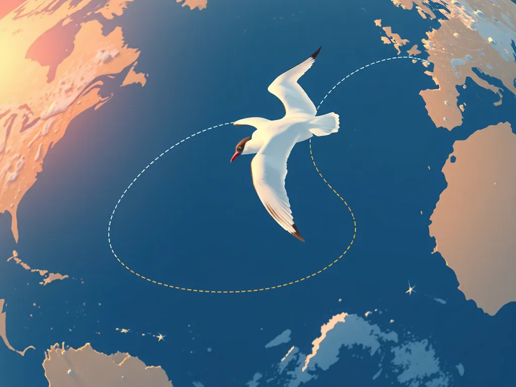 Arctic tern bird following the longest migration route across globe from Arctic to Antarctic in infographic illustration