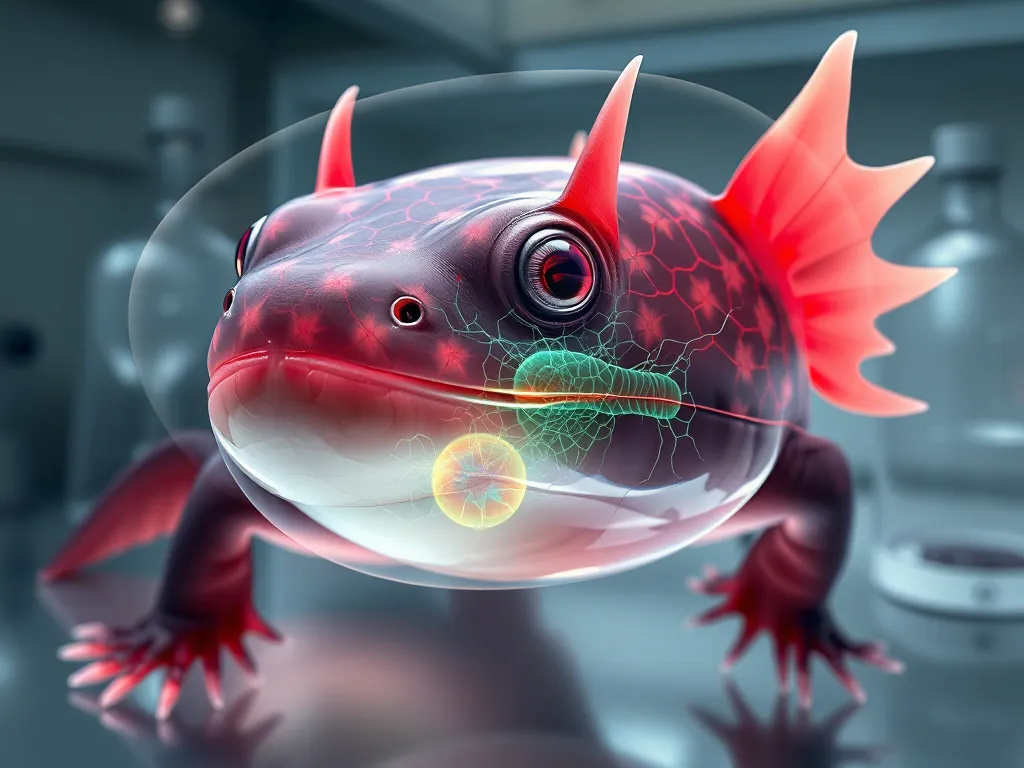 Axolotl brain regeneration illustration in laboratory, showing how axolotls regrow their own brain and what science learns from it Axolotl brain regeneration illustration in laboratory, showing how axolotls regrow their own brain and what science learns from it