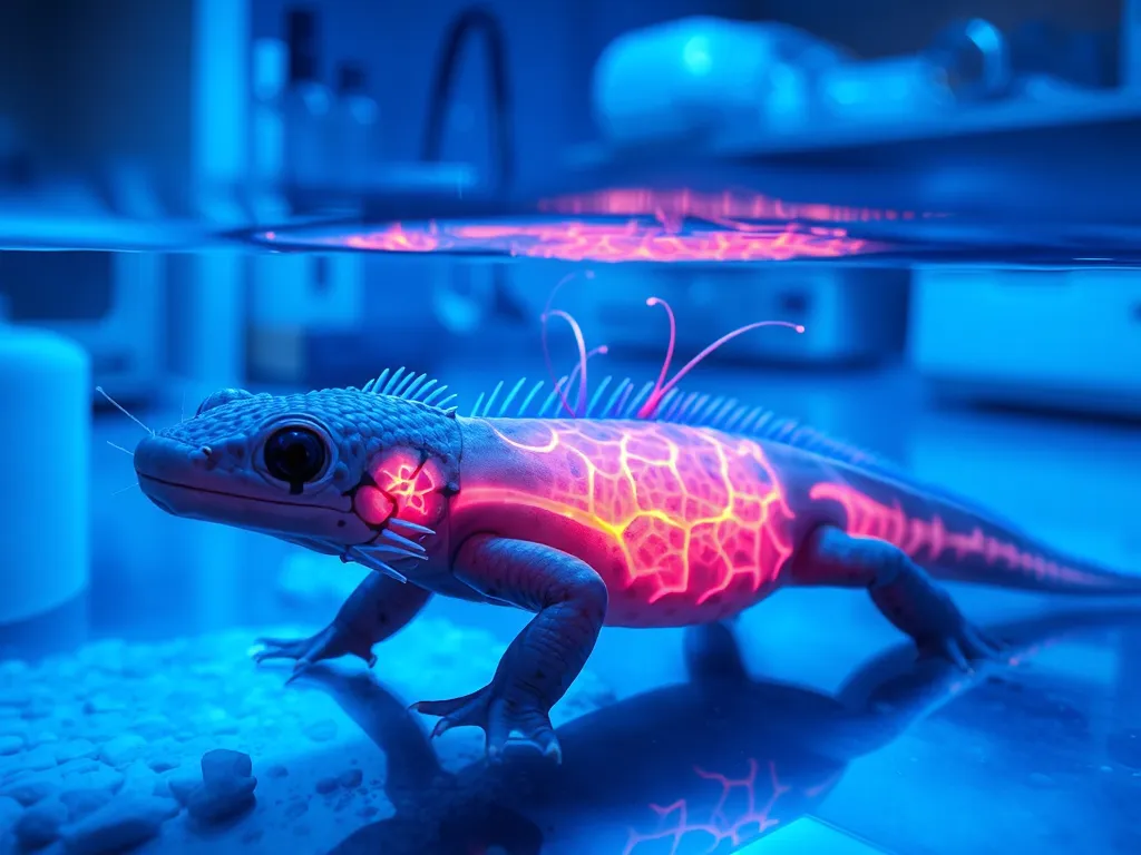 Axolotl brain regeneration visualization showing neural tissue regrowth in aquatic laboratory environment Axolotl brain regeneration visualization showing neural tissue regrowth in aquatic laboratory environment