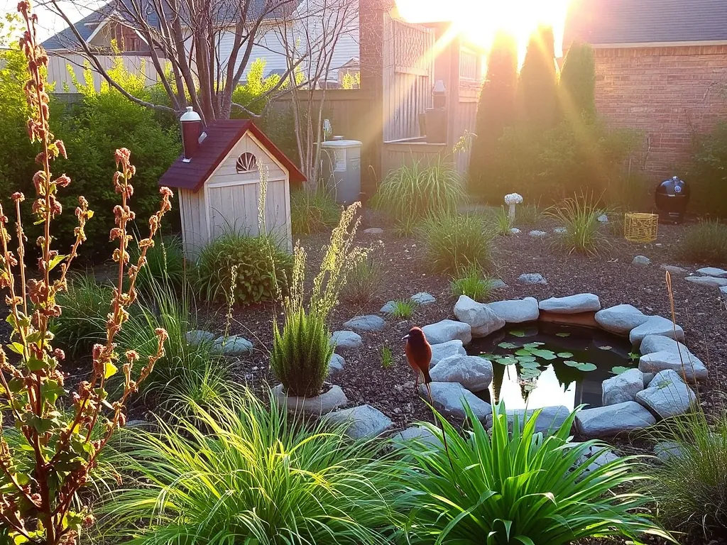 Backyard wildlife habitat with native plants, bird feeders, and water source for endangered species conservation