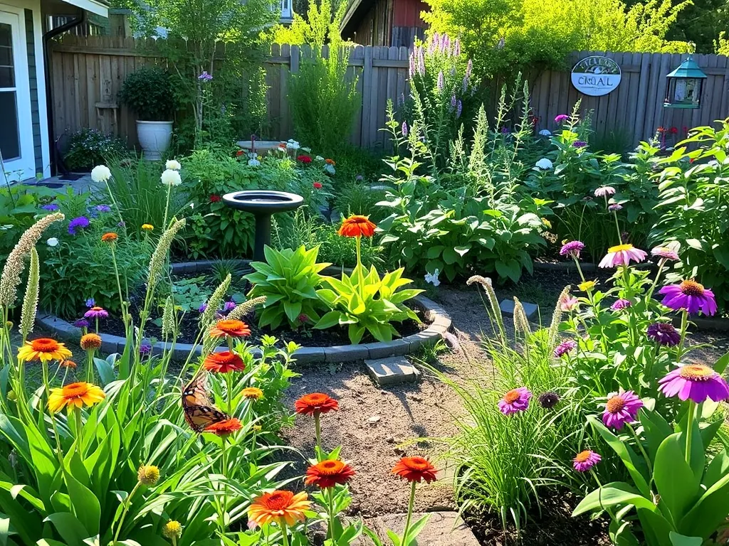 Backyard wildlife habitat with native plants, butterfly garden, and bird bath showing how to make your backyard more wildlife-friendly