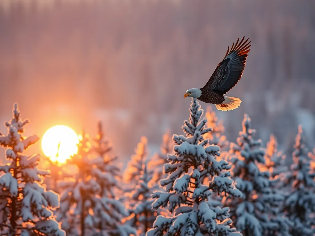 Bald eagle in winter habitat during optimal viewing season for wild eagle spotting in the US