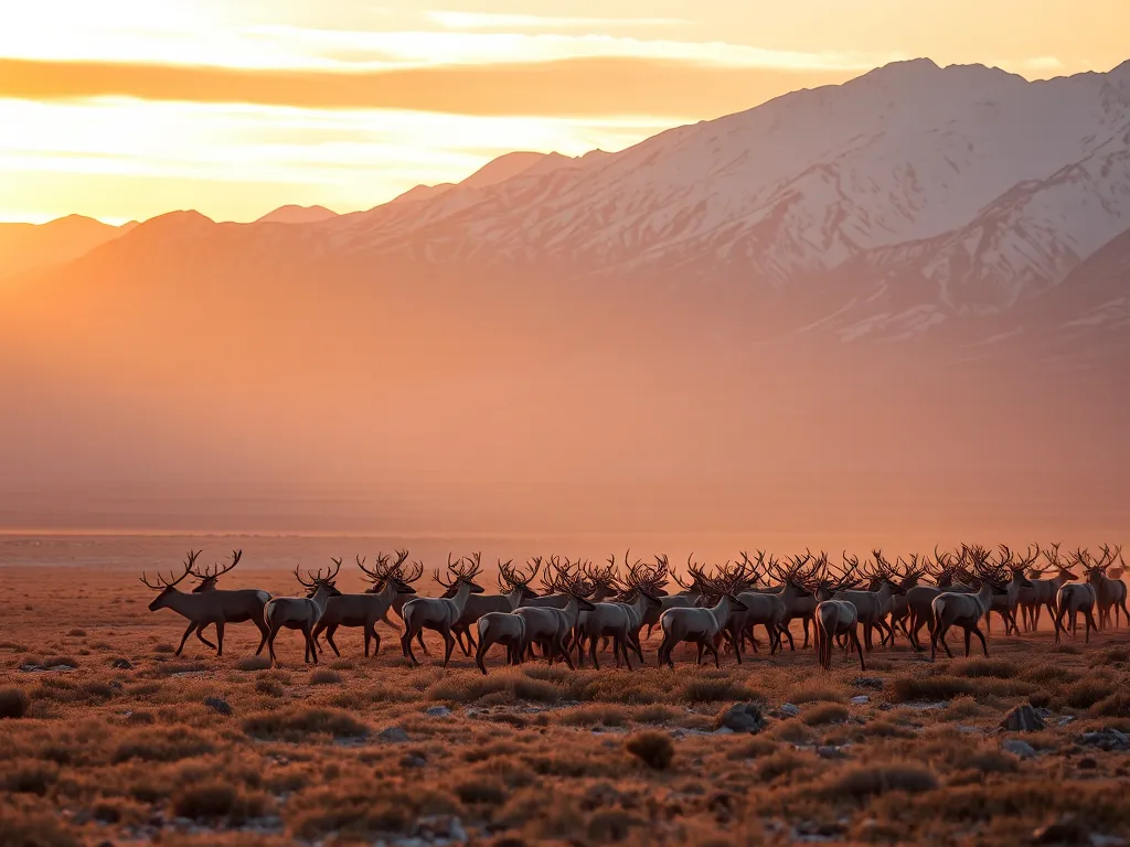 Caribou herd migrating across Arctic tundra in golden light, demonstrating the longest land migration route