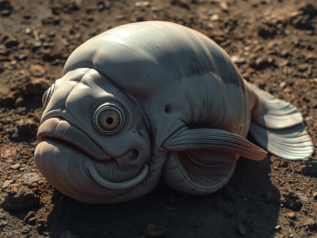 Close-up of deflated blobfish on land showing gelatinous sagging body, illustrating why the blobfish looks beautiful underwater but horrible on land