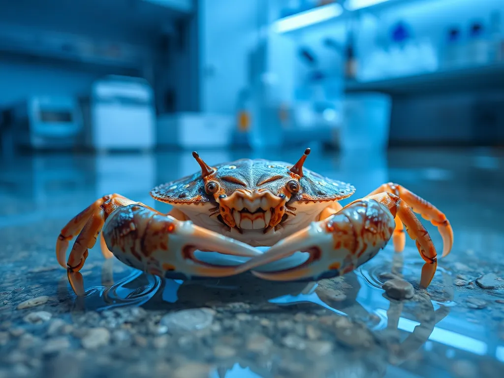 Close-up of horseshoe crab in water with medical laboratory equipment, illustrating why horseshoe crabs are more important to human medicine than you realize