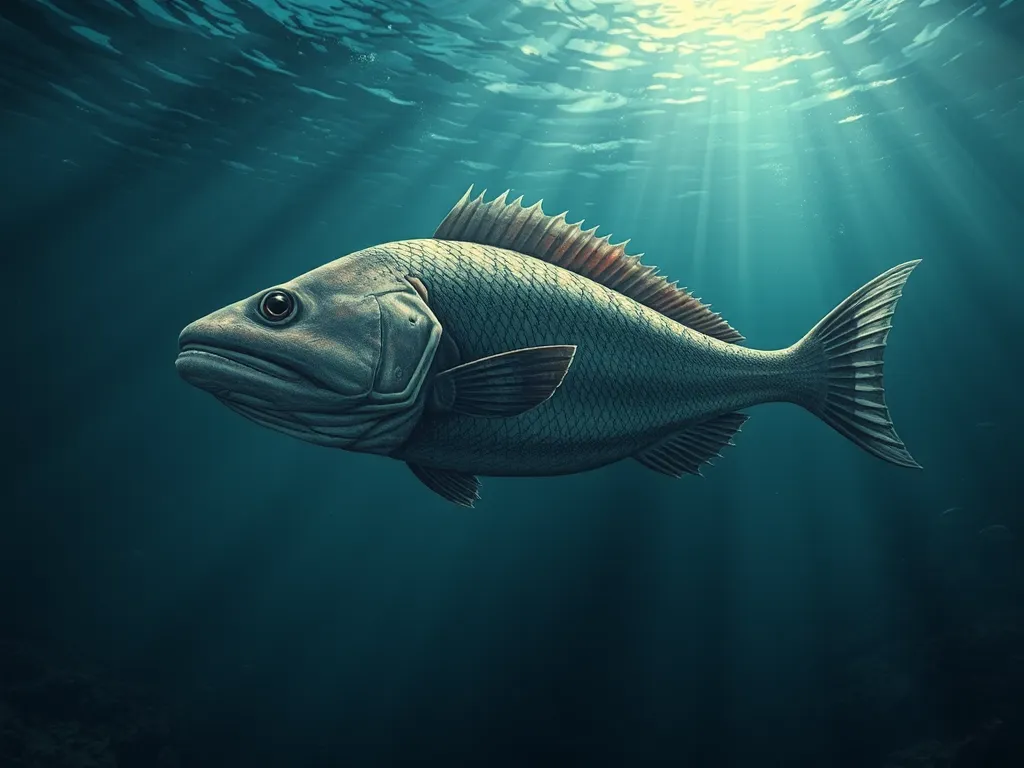 Coelacanth fish swimming in deep ocean waters, ancient fish species illustration