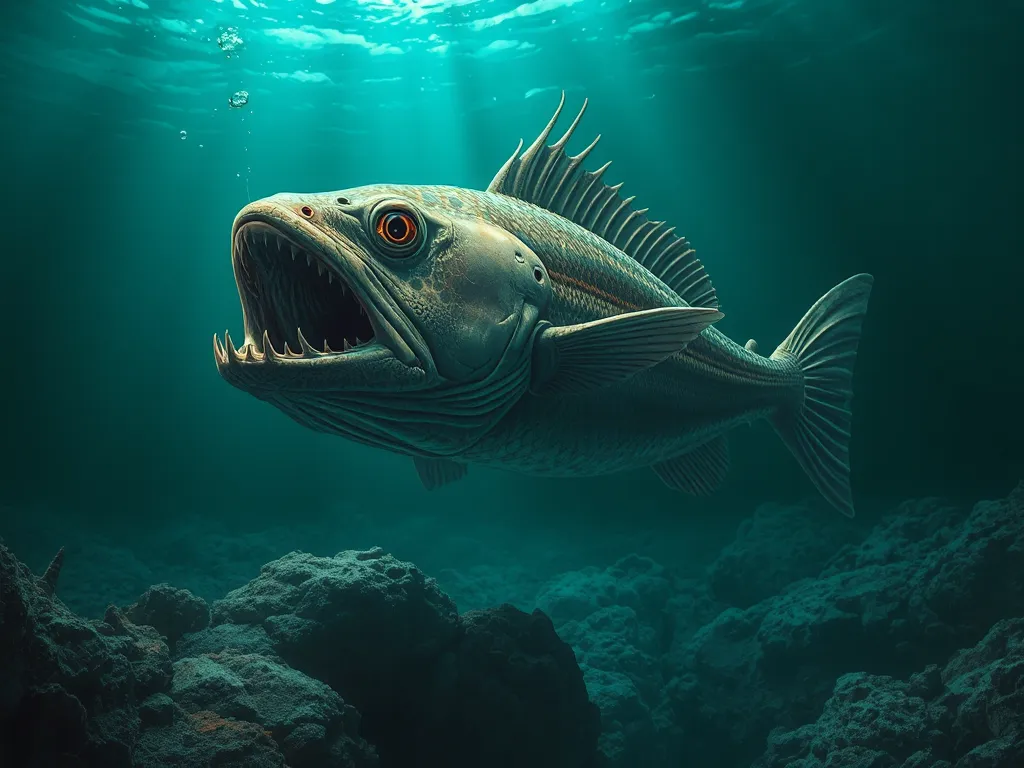 Coelacanth fish swimming in deep ocean waters, representing the "Find of the Century" discovery, prehistoric marine creature in its natural habitat