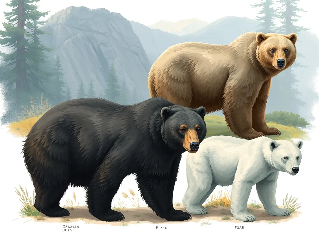 Comparative illustration of American bear species showing adaptations in their natural habitats from 'The 8 Bear Species of the World: A Complete Comparison