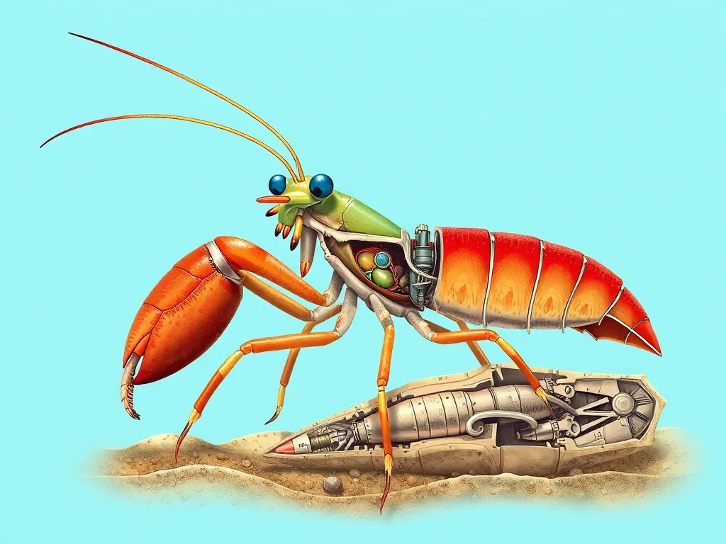 Cross-sectional view of mantis shrimp's specialized appendage mechanism showing how the mantis shrimp punches with the force of a bullet Cross-sectional view of mantis shrimp's specialized appendage mechanism showing how the mantis shrimp punches with the force of a bullet
