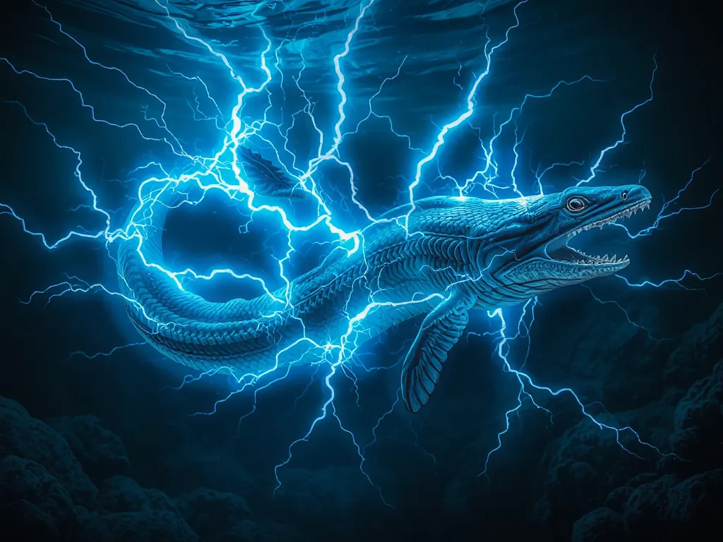 Electric eel generating powerful electrical discharge with blue electrical arcs in underwater environment