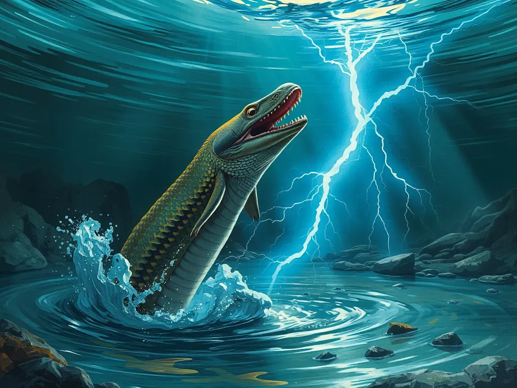 Electric eel leaping from water delivering high voltage shock, demonstrating how electric eels generate enough voltage to knock out a horse