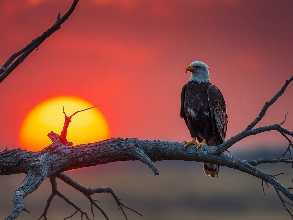 Endangered eagle species perched on weathered tree branches, dramatic sunset lighting, conservation photography