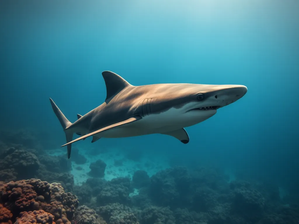Endangered hammerhead shark swimming near coral reef, highlighting extinction threats to shark species worldwide Endangered hammerhead shark swimming near coral reef, highlighting extinction threats to shark species worldwide