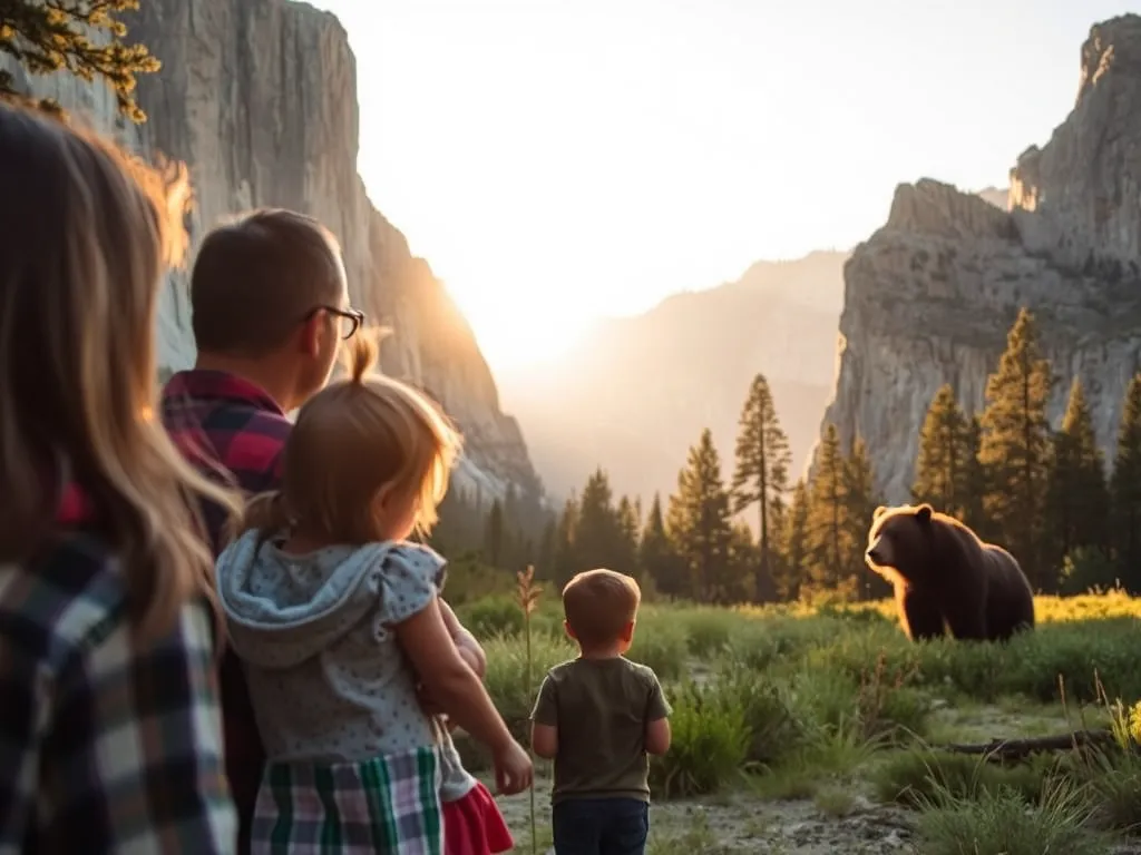 Family safely viewing bears in Yosemite National Park, demonstrating wildlife viewing tips and safety guidelines