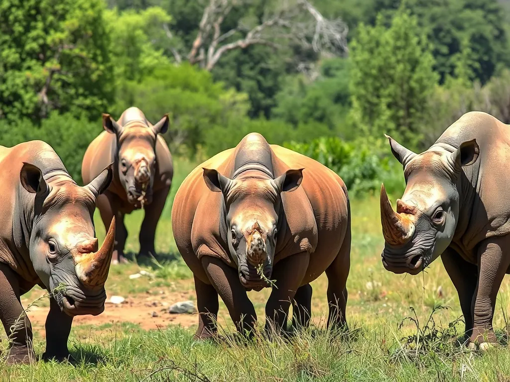 Five rhinoceros species in diverse habitats showcasing unique adaptations and natural diets in 2026