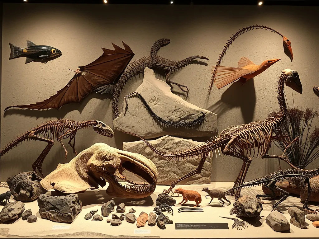 Fossilized specimens and modern species displayed in museum setting, representing extinct life forms throughout Earth's history Fossilized specimens and modern species displayed in museum setting, representing extinct life forms throughout Earth's history