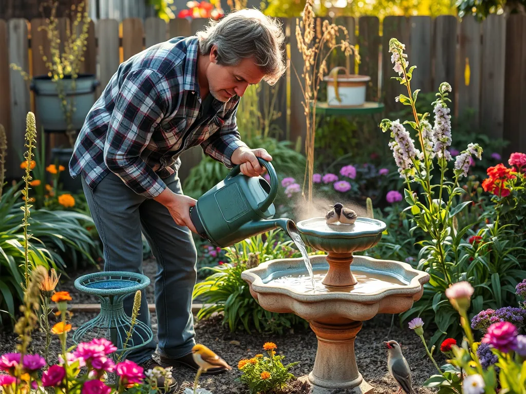 Gardener refilling bird bath in backyard to make it more wildlife-friendly with native plants and flowers in morning light