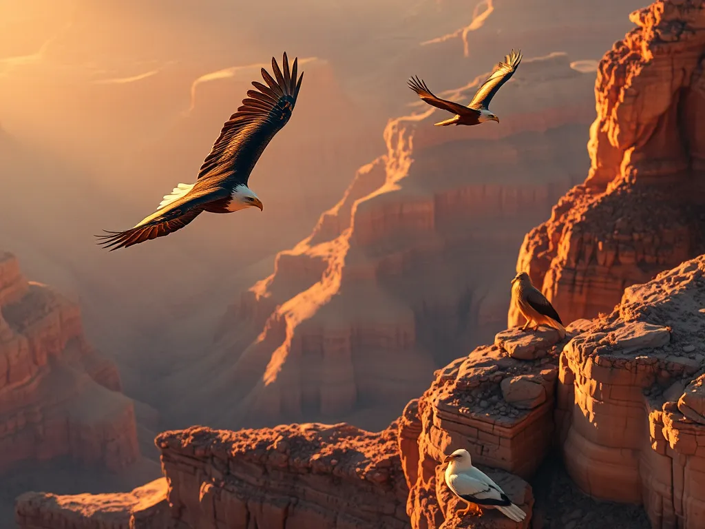 Golden eagles and California condors in Grand Canyon National Park flying over cliffs