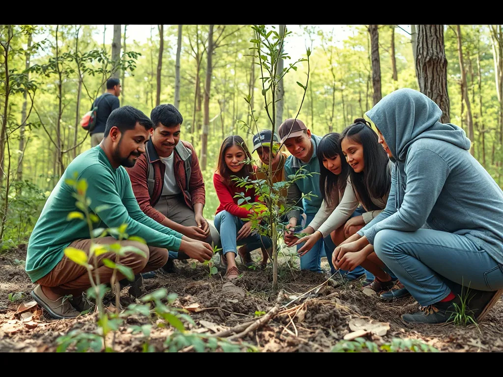 Group of diverse people planting trees together in forest, illustrating community conservation concept