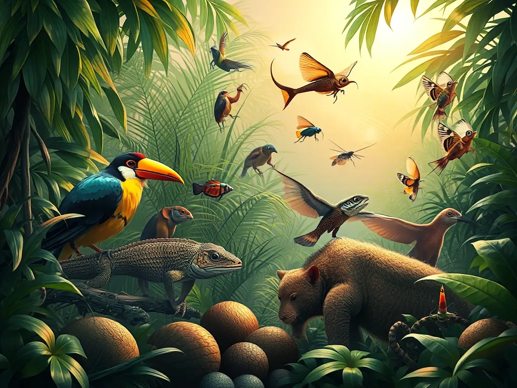 Group of rediscovered animals in vibrant jungle setting representing 8 Animals That Were Declared Extinct Then Rediscovered Alive
