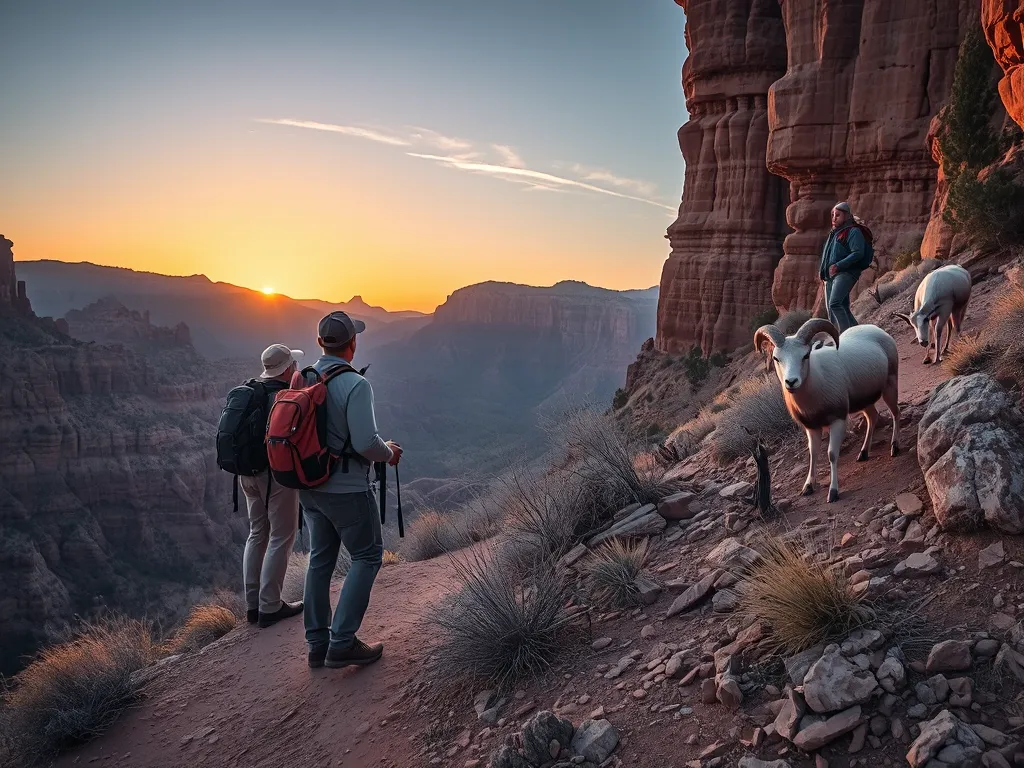 Hikers observing bighorn sheep on Zion hiking trail for best wildlife sightings in Zion National Park