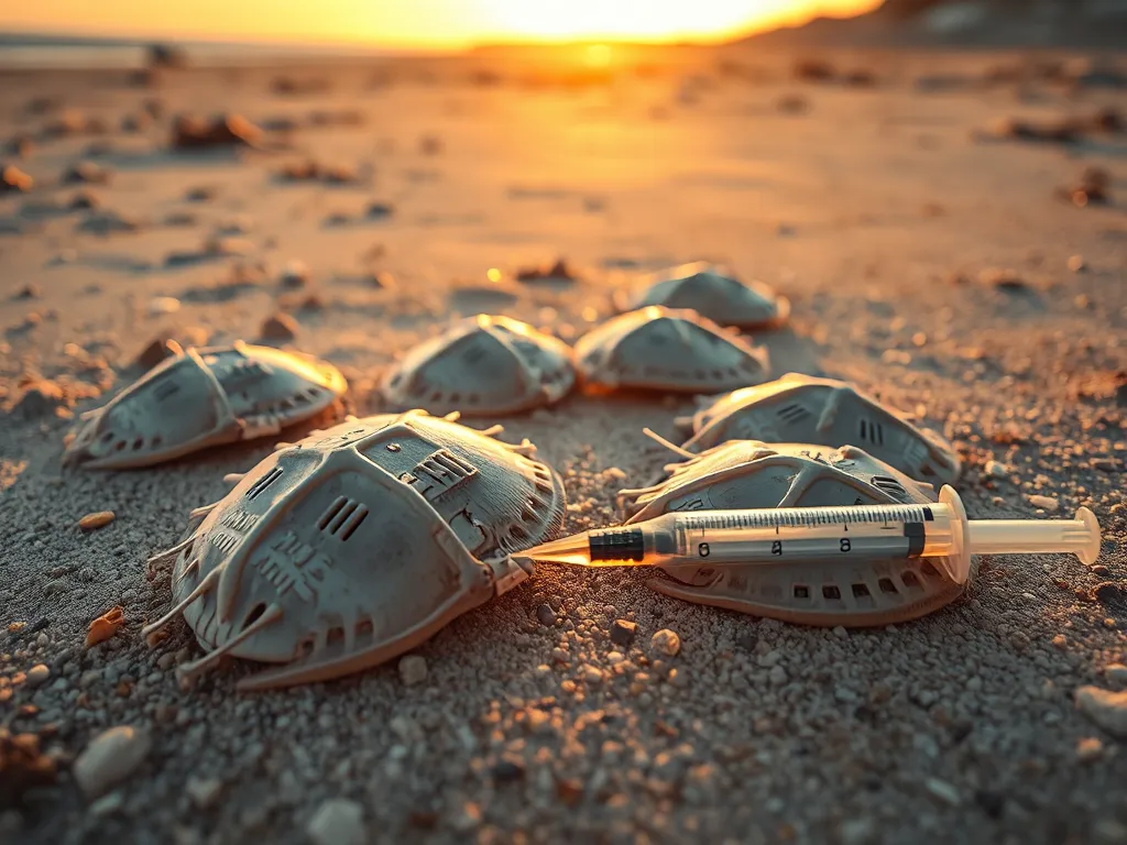 Horseshoe crabs with medical equipment demonstrating their importance to human medicine