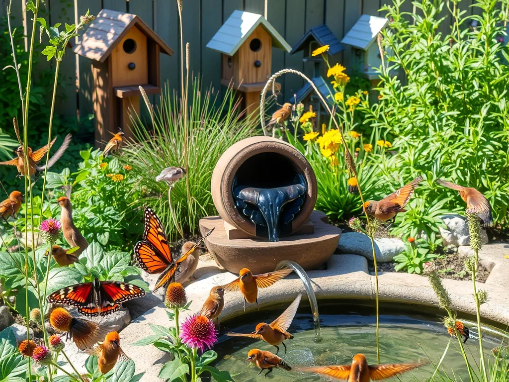 How to Make Your Backyard More Wildlife-Friendly: Birds, butterflies, and bees enjoying a backyard habitat with native plants and water feature
