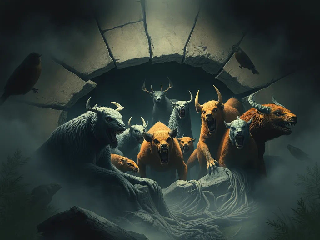 Illustration of animals declared extinct then rediscovered alive (Lazarus species) emerging from darkness and breaking through a cracked barrier