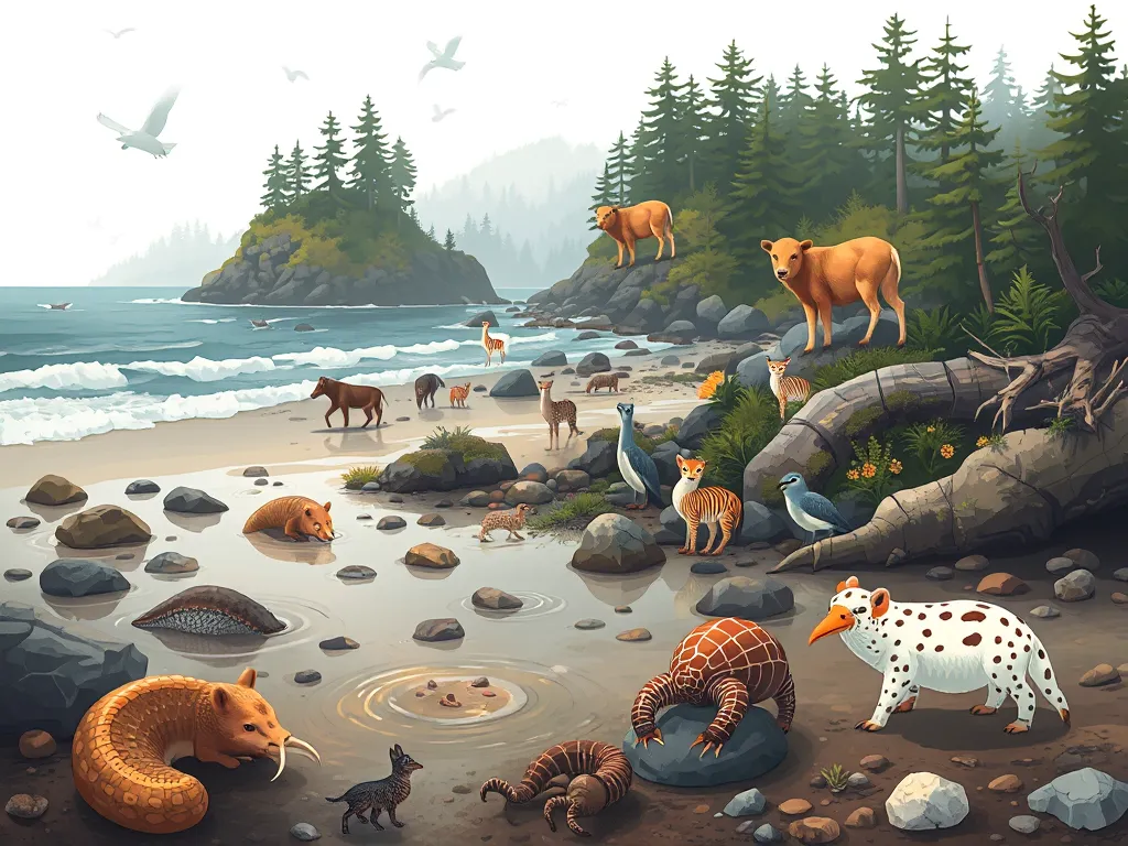 Illustration of Olympic National Park Animals showing diverse wildlife in tide pools and old-growth forest habitats