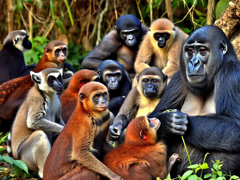Illustration of primate social structures and physical characteristics from lemurs to gorillas for the article "All Primate Groups Explained: From Lemurs to Gorillas in One Guide