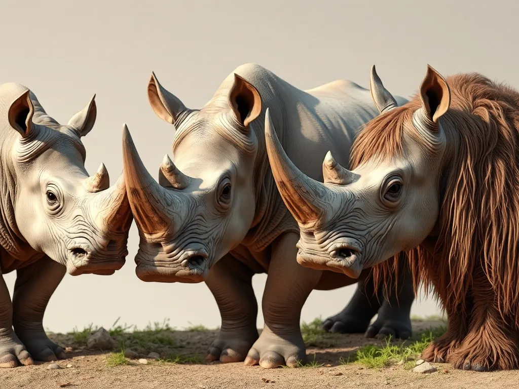 Illustration of the five remaining rhinoceros species with distinctive features: wide mouth, hooked lip, skin folds, single horn, and shaggy coat.