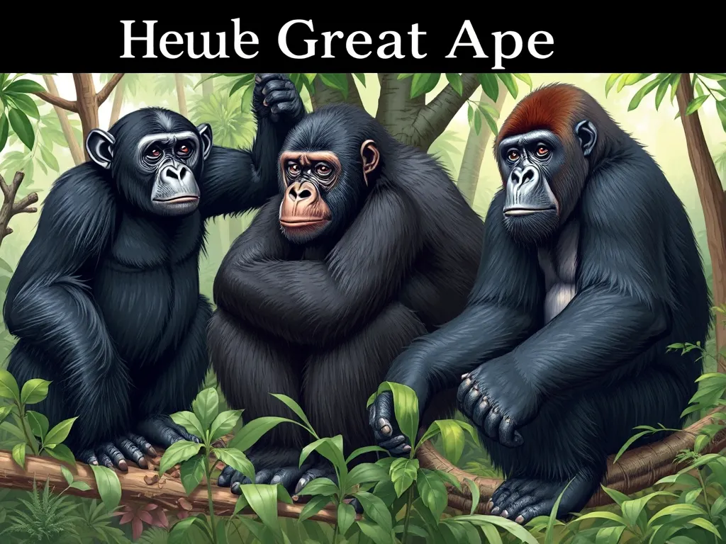 Illustration showing all four great ape species in natural habitats highlighting their unique characteristics from article about great ape intelligence, behavior, and survival threats