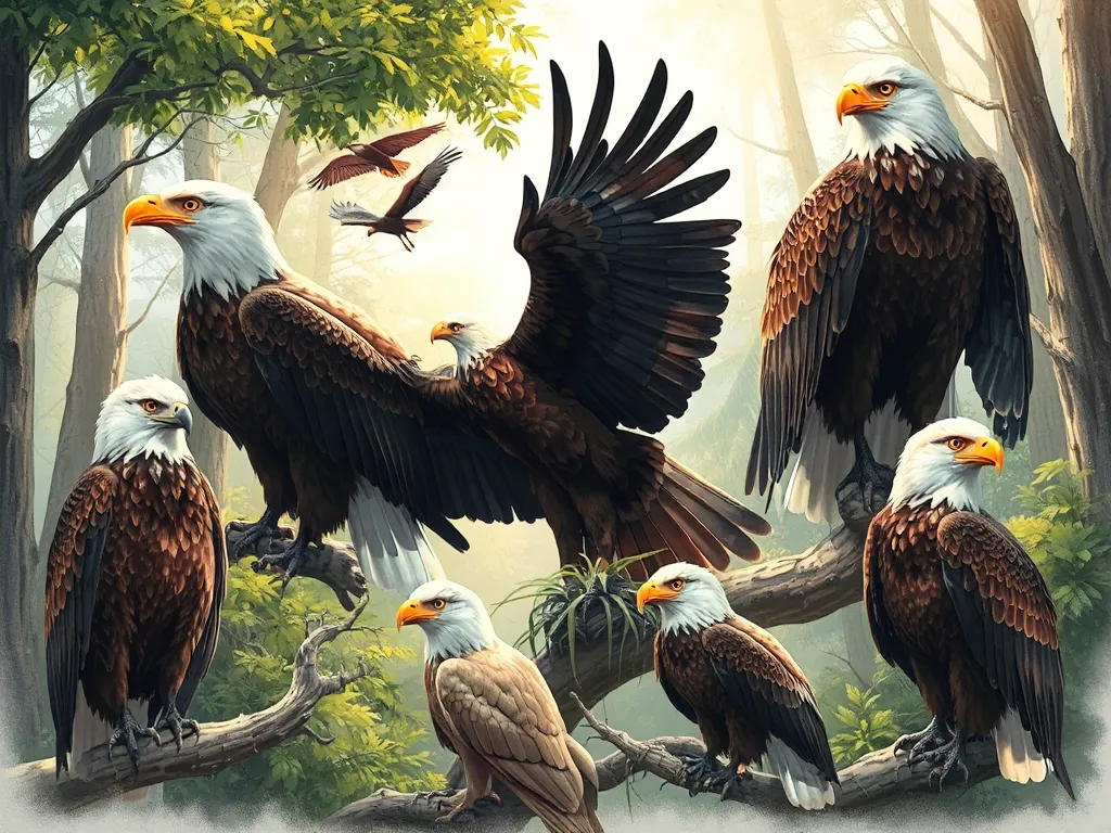 Illustration showing diverse eagle species worldwide addressing how many eagle species exist and which are most at risk