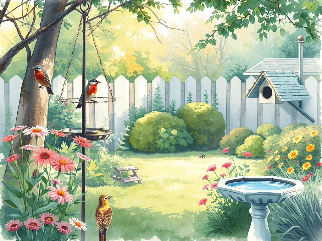 Illustration showing essential backyard elements for wildlife including bird feeders, native plants, water features, and insect habitats