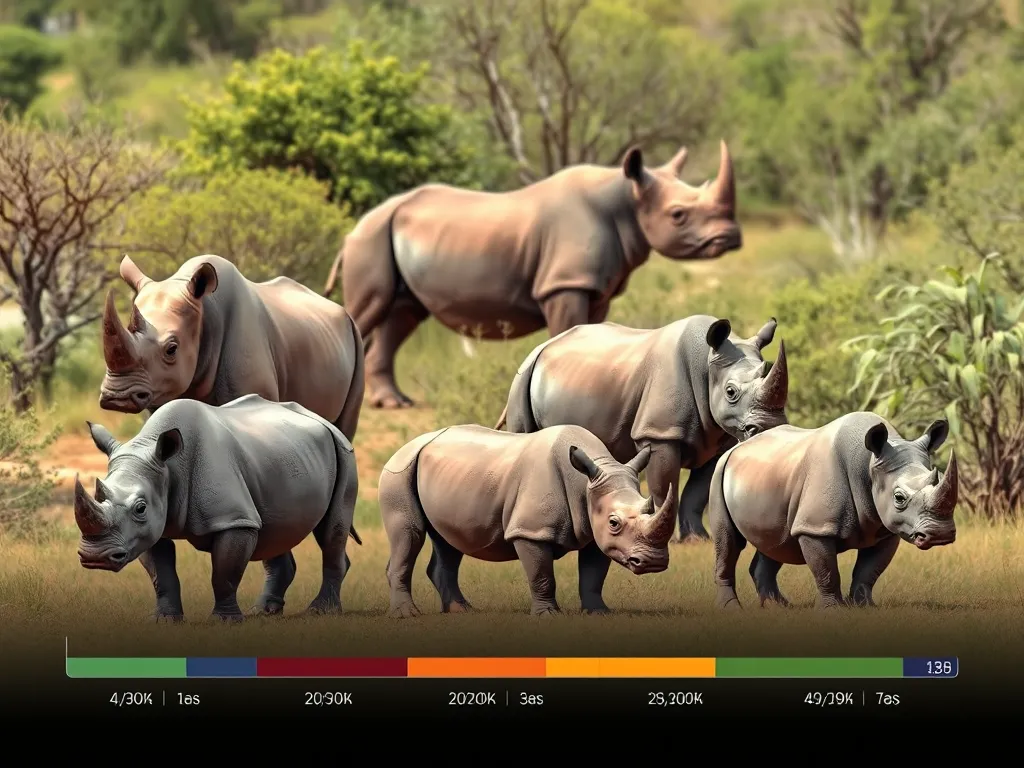 Infographic of five rhinoceros species with unique features and population bars showing conservation status in 2026, illustrating the five remaining species