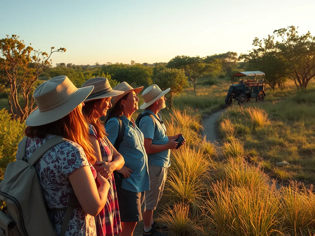 Local community members guiding tourists through nature reserve observing wildlife, illustrating how ecotourism supports wildlife conservation