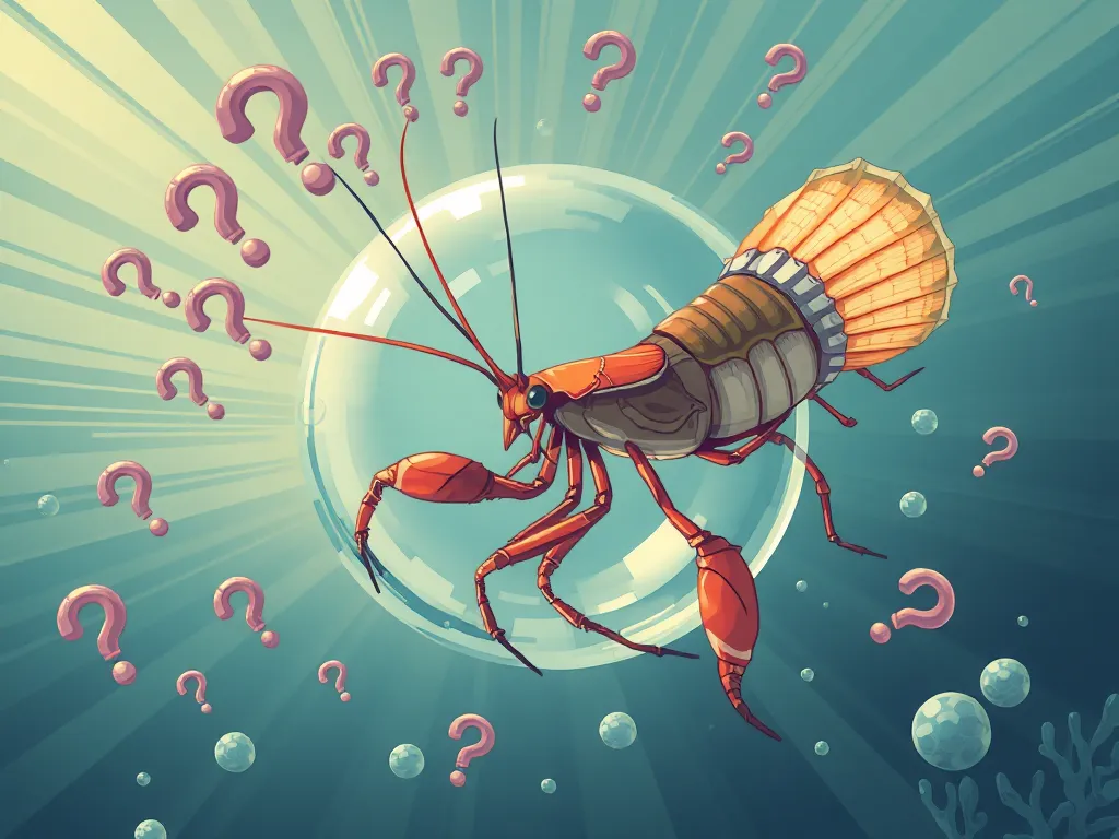 Mantis shrimp delivering punch with force of a bullet, shockwave bubble and question marks in underwater FAQ section illustration Mantis shrimp delivering punch with force of a bullet, shockwave bubble and question marks in underwater FAQ section illustration