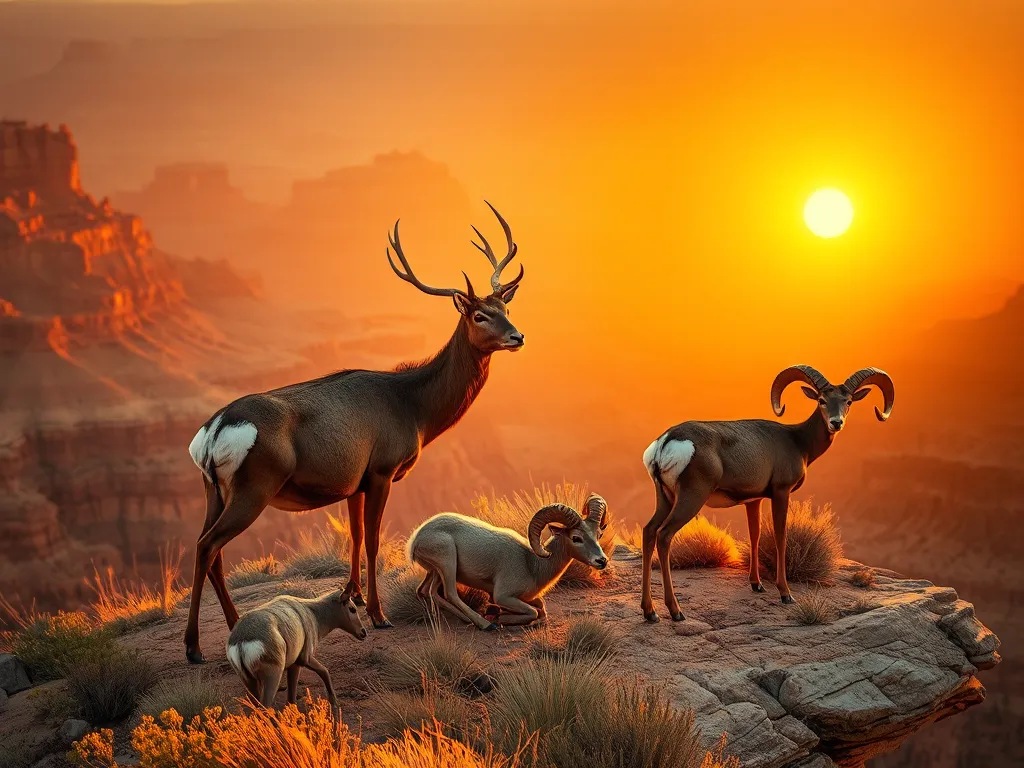 Mule deer and bighorn sheep on Grand Canyon rim at sunset - animals you can see in Grand Canyon National Park