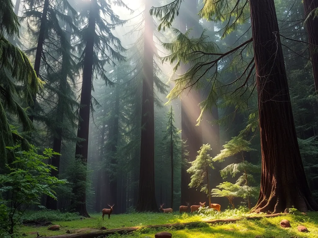 Olympic National Park animals in ancient forest ecosystem with deer grazing among towering trees