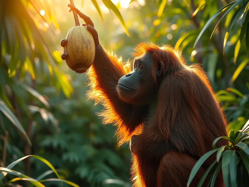 Orangutan in rainforest reaching toward sustainably certified palm oil fruit, illustrating what sustainable palm oil is and why it matters for orangutans