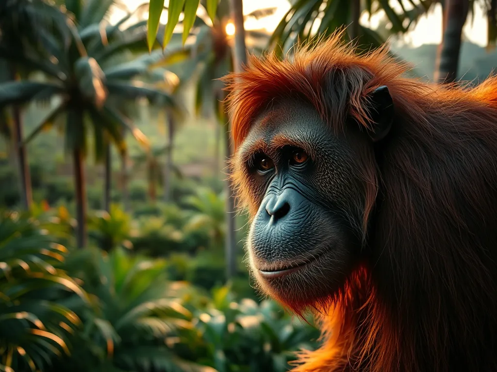 Orangutan in rainforest with sustainable palm oil plantation, showing why sustainable palm oil matters for orangutan conservation