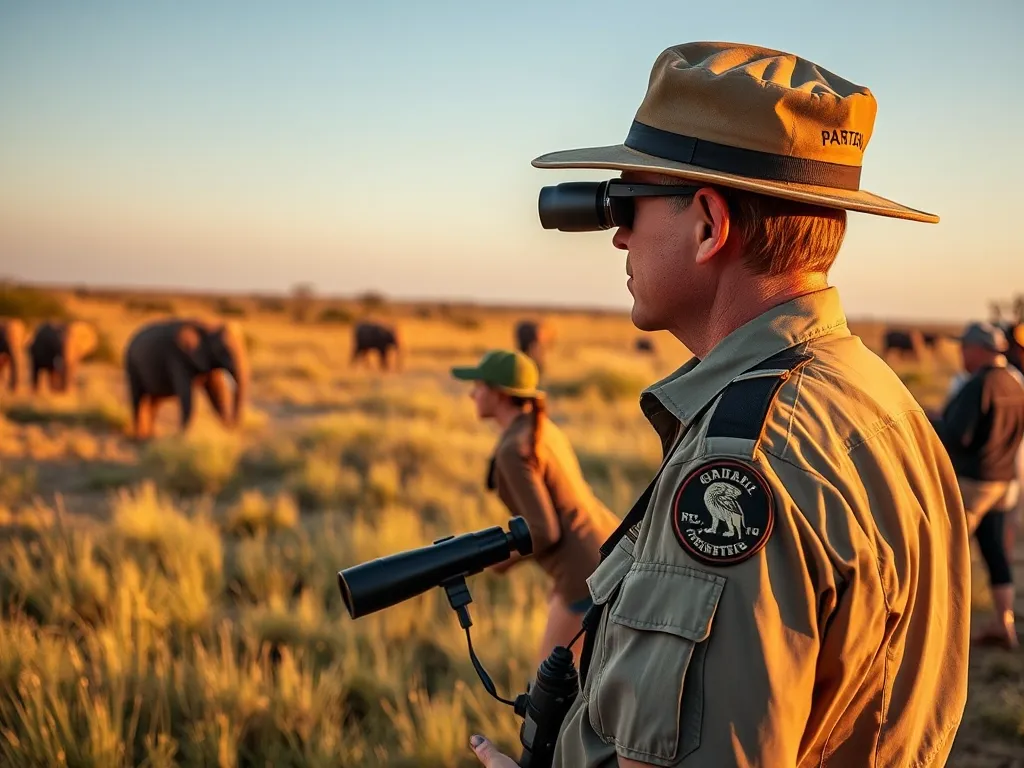 Park ranger deterring illegal activity and tourists observing wildlife sustainably in ecotourism conservation area
