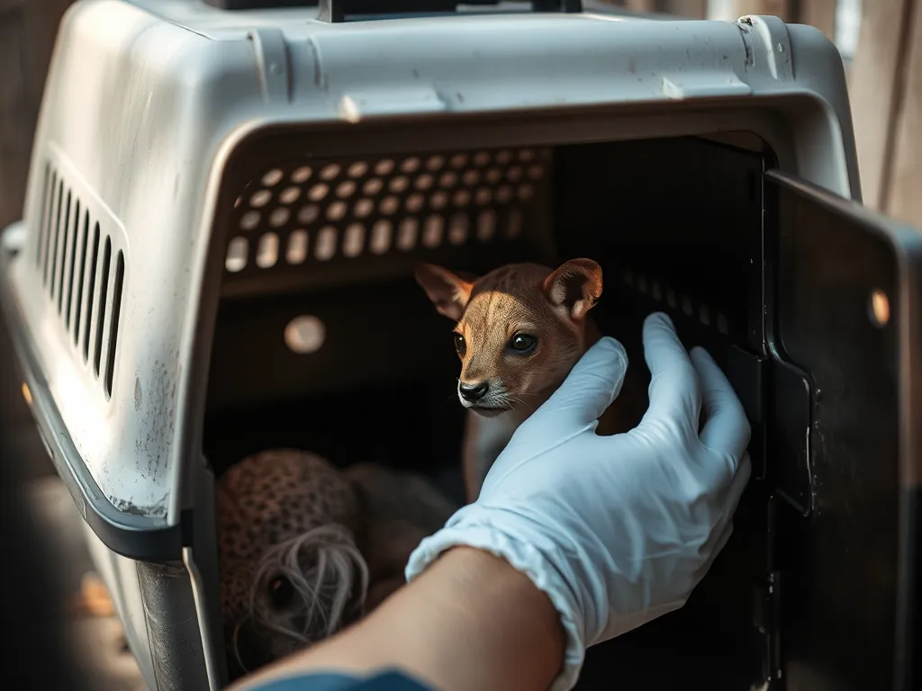 Person closing ventilated carrier box containing injured wild animal, safe handling for when you find an injured wild animal