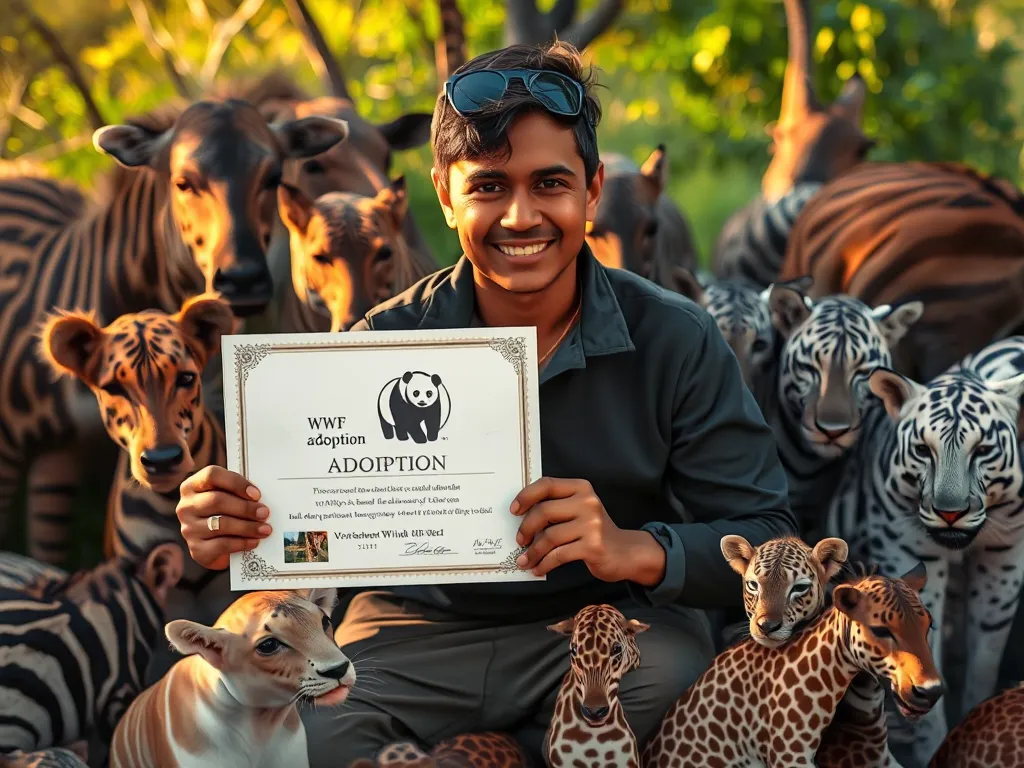 Person holding symbolic wildlife adoption certificate with WWF logo and various endangered animals, illustrating how to adopt a wildlife animal through WWF and what it actually funds