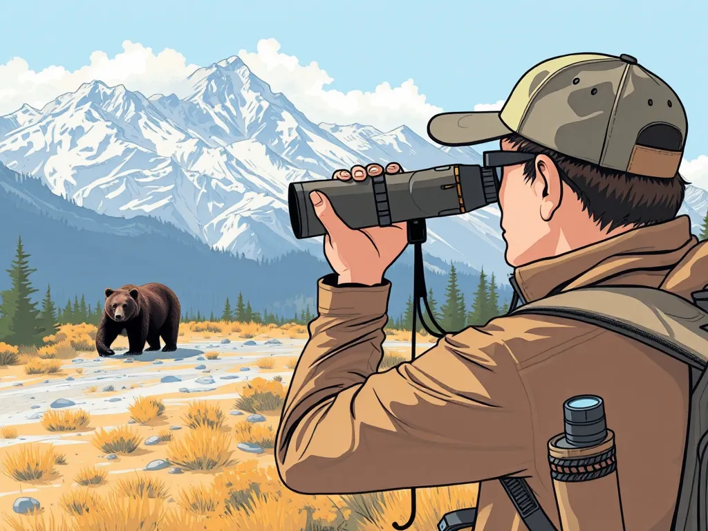 Person observing distant bear with binoculars in national park, bear spray attached to belt, essential equipment for safe bear viewing