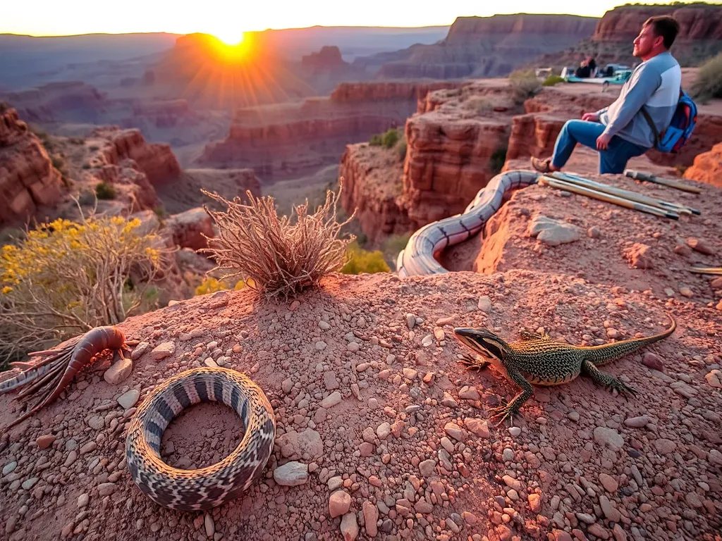 Reptiles and amphibians in Grand Canyon National Park with visitors observing from safe distance, showcasing wildlife in natural desert habitat