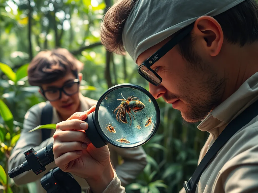 Researchers discovering new species in tropical rainforest with magnifying glass Researchers discovering new species in tropical rainforest with magnifying glass
